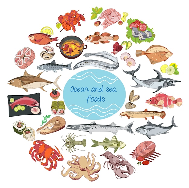 Concepto de ronda de comida de mar y océano
