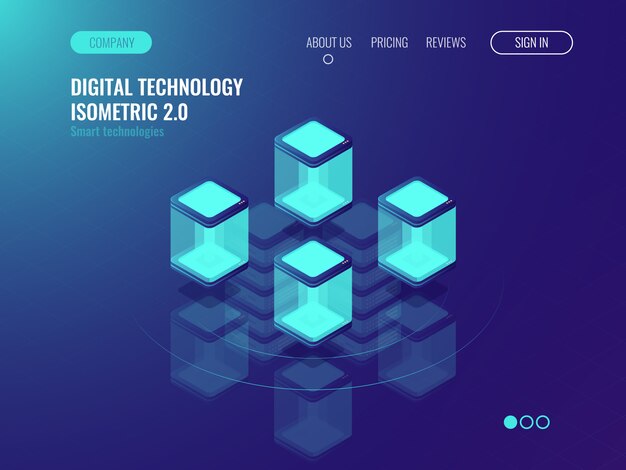 Concepto de sala de servidores, centro de datos y almacenamiento en la nube de la base de datos