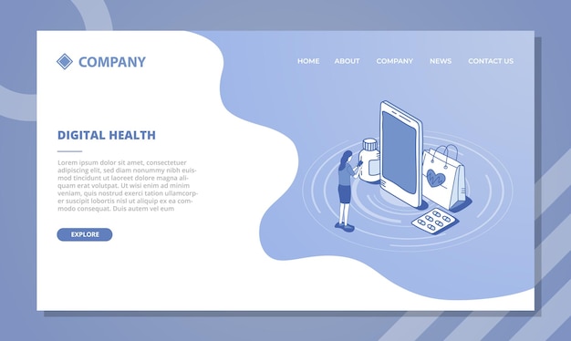 Concepto de salud digital en línea para plantilla de sitio web o página de inicio de aterrizaje con ilustración de vector de estilo isométrico y de contorno