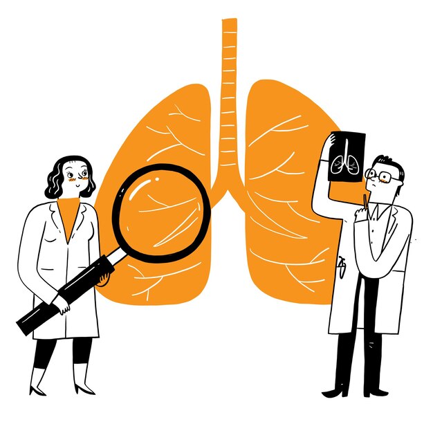 Concepto de salud de neumología de medicina respiratoria. Los médicos controlan los pulmones de tuberculosis o neumonía humana con lupa, hacen radiografías. Atención médica neumológica. Ilustración vectorial