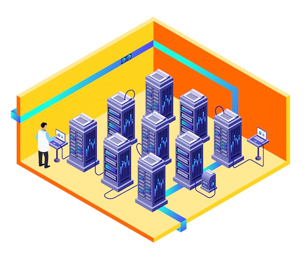 Vector gratuito concepto de sección transversal del centro de almacenamiento de datos con el hombre especialista en ti que proporciona hardware