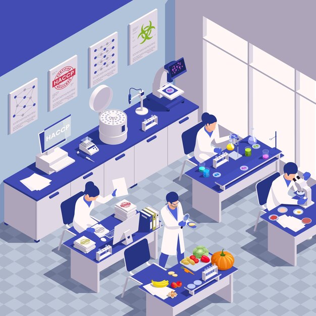 Concepto de seguridad alimentaria HACCP con laboratorio de ciencia isométrica y científicos que realizan pruebas de ilustración vectorial
