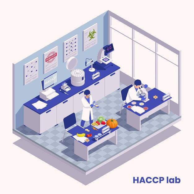 Concepto de seguridad alimentaria HACCP con trabajadores de laboratorio que prueban productos ilustración vectorial isométrica