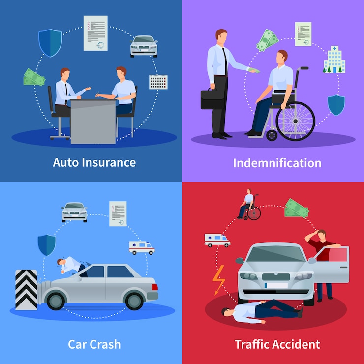 Vector gratuito concepto de seguro de auto con accidente de tráfico accidente y compensación aislado ilustración vectorial