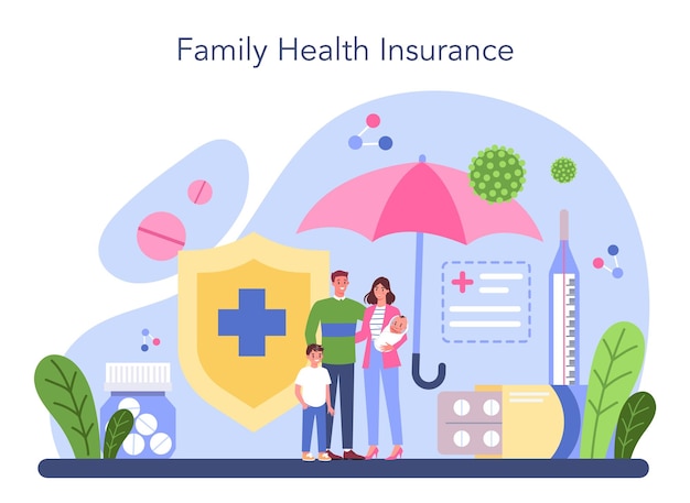 Concepto de seguro de salud Idea de seguridad y protección de la propiedad y la vida contra daños Servicio médico y de salud Ilustración de vector plano aislado