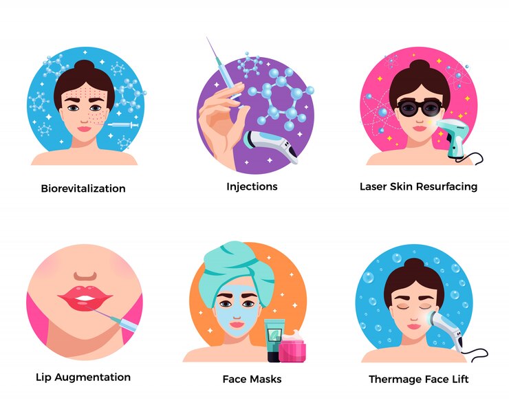 Vector gratuito concepto de seis iconos redondos planos de cosmetología con aumento de labios con estiramiento facial con láser