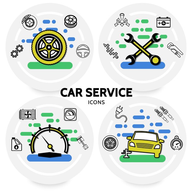 Concepto de servicio de coche con neumáticos, engranajes, llaves, batería de transmisión, amortiguador, motor, pistón, chispa