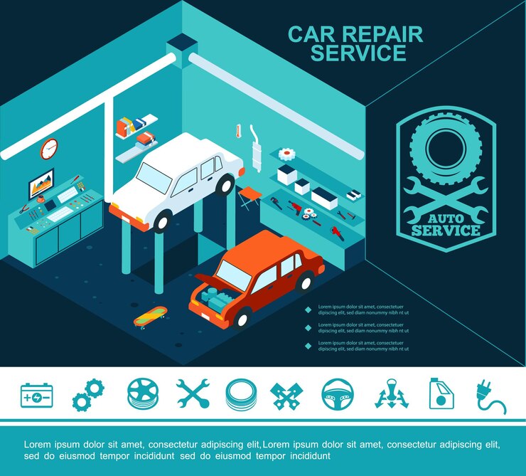 Vector gratuito concepto de servicio de coche plano con automóviles rotos en garaje y diferentes iconos de reparación de automóviles