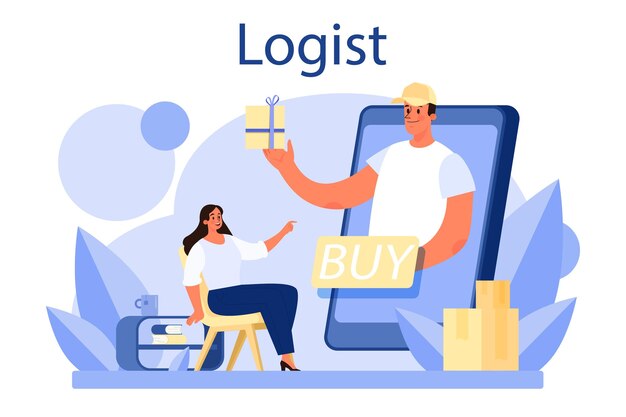 Concepto de servicio de logística y entrega Idea de transporte y distribución Cargador en uniforme entregando una carga Concepto de servicio de transporte Ilustración plana aislada
