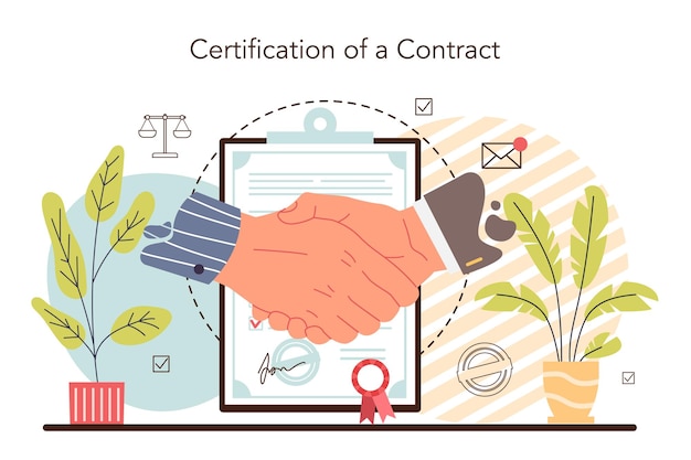 Concepto de servicio notarial Abogado profesional que firma y legaliza documentos en papel Persona que presencia firmas en documentos Ilustración de vector plano aislado