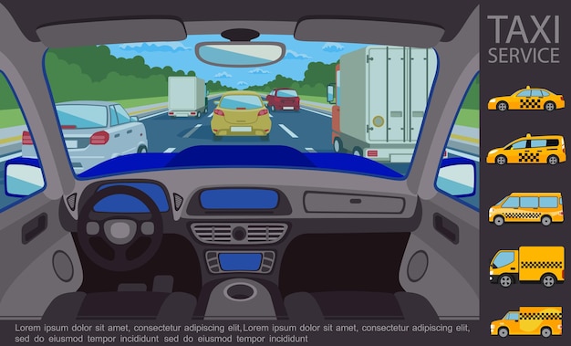 Concepto de servicio de taxi plano con automóviles con vista interior del automóvil que se mueven por la carretera y diferentes tipos de vehículos de taxi