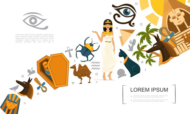Concepto de símbolos de Egipto plano con ankh cruz camello gato egipcio escarabajo escarabajo Anubis Dios faraón máscaras esfinge pirámides de ojos de Horus Cleopatra palmas ilustración,