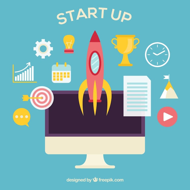 Concepto de start up con cohete y elementos