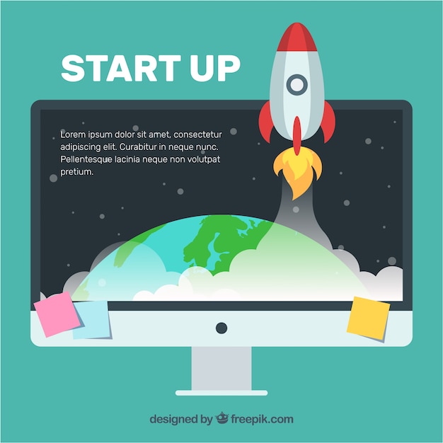 Vector gratuito concepto de start up con cohete y ordenador