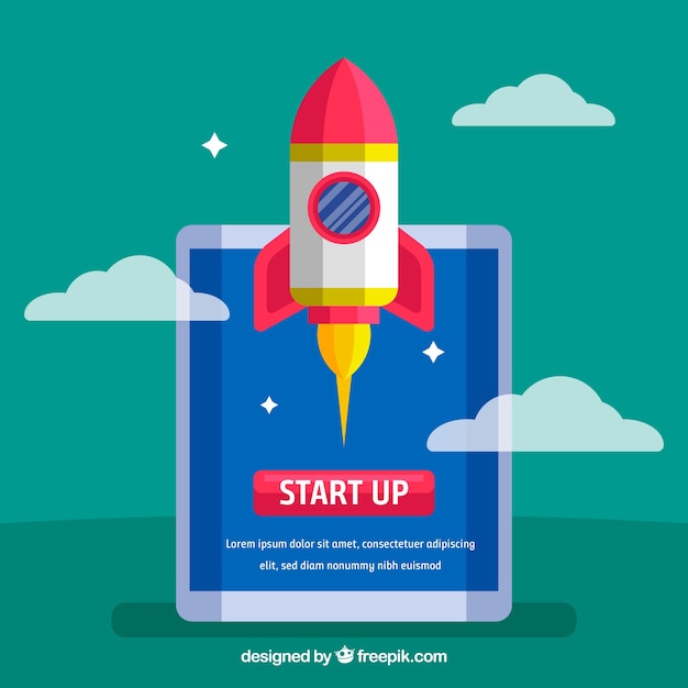 Vector gratuito concepto de start up con cohete y tablet