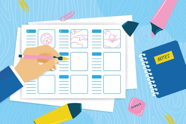 Concepto de storyboard de diseño plano con resaltadores