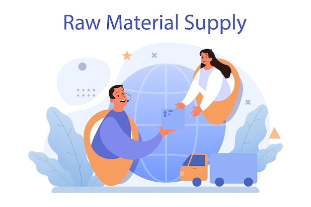 Concepto de suministro de materia prima Proveedores B2B idea servicio de distribución global Proceso de fabricación producción en fábrica Empresa como una asociación comercial con el cliente Ilustración de vector plano
