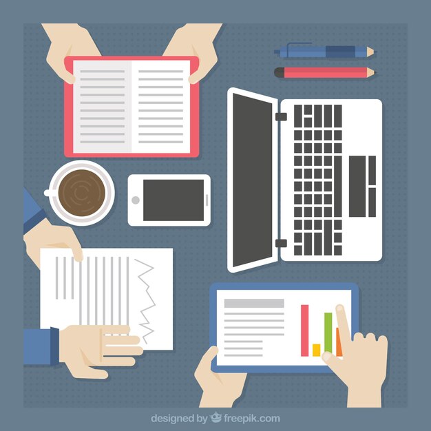 Concepto de teamwork con vista superior de herramientas de oficina