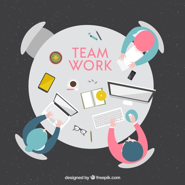 Concepto de teamwork con vista superior de mesa redonda
