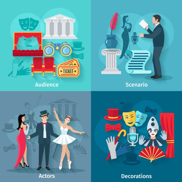 Concepto de teatro con actores y decorados de escenario de audiencia