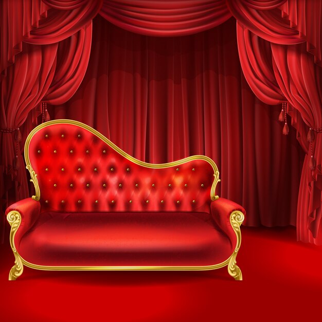 Concepto de teatro, lujoso sofá de terciopelo rojo realista con patas doradas talladas