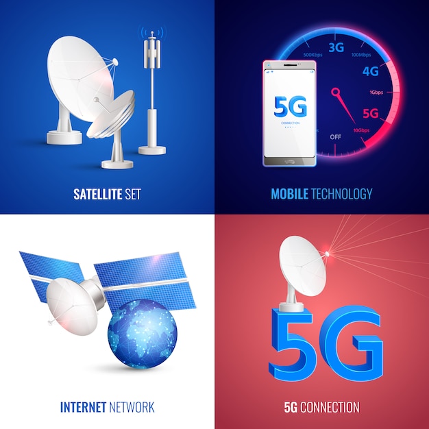 Concepto de tecnología móvil futurista 2x2 con red de internet por satélite y 5g iconos cuadrados de conexión realistas
