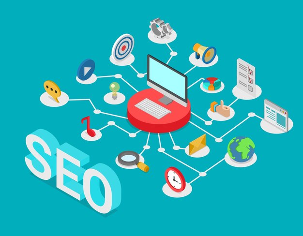 Concepto de tecnología web creativa de optimización de motor de búsqueda SEO isométrica de estilo plano.
