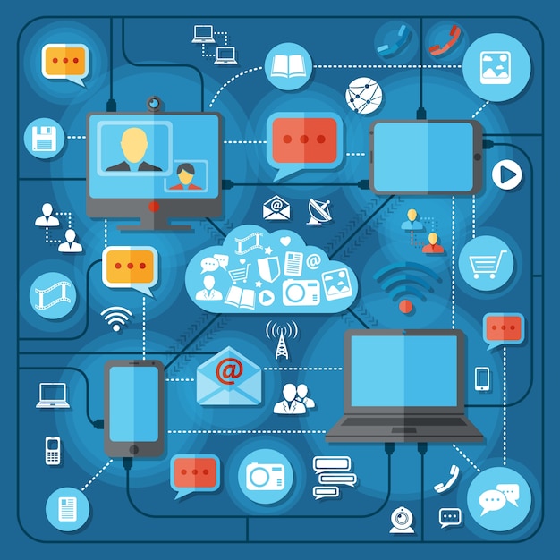 Concepto de tecnologías de comunicación con conexión móvil red social y elementos de difusión ilustración vectorial