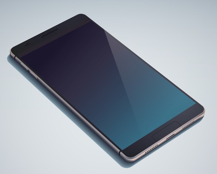 Vector gratuito concepto de teléfono inteligente de diseño moderno realista con pantalla en blanco azul oscuro en el azul aislado