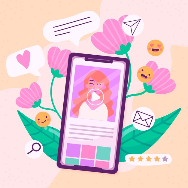 Concepto de teléfono móvil de marketing en redes sociales con flores y emoji