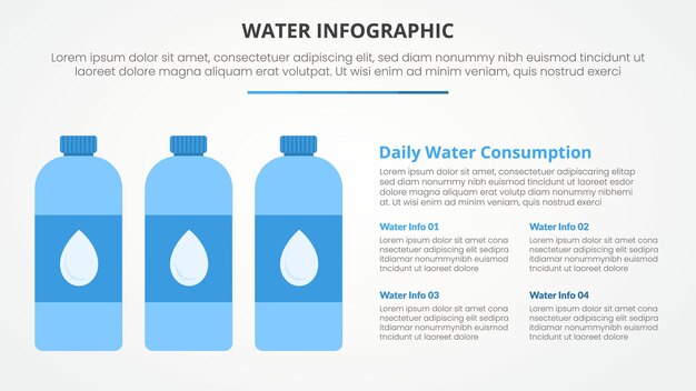 concepto de tema infográfico de agua para presentación de diapositivas con consumo diario de agua con botella de vidrio con lista de 3 puntos con estilo plano