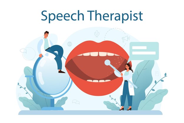 Concepto de terapeuta del habla Corrección didáctica e idea de tratamiento Médico que se preocupa por la salud del paciente Tratamiento médico y recuperación Ilustración vectorial en estilo de dibujos animados