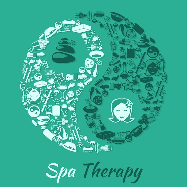Vector gratuito concepto de terapia de salón de belleza de spa con símbolo de zen y los iconos de bienestar ilustración vectorial