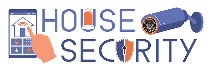 Vector gratuito concepto de texto de seguridad en el hogar con símbolos de cámara de casa ilustración vectorial plana