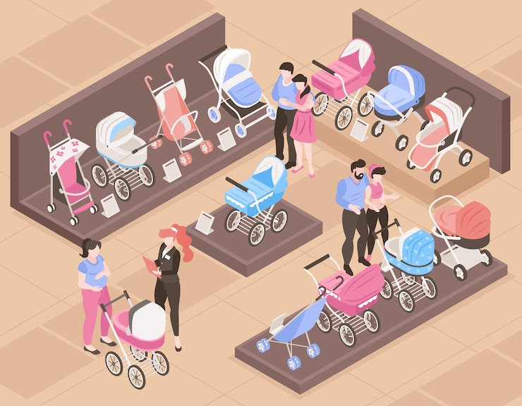 Vector gratuito concepto de tienda de carro de bebé isométrica con padres eligiendo cochecitos ilustración vectorial