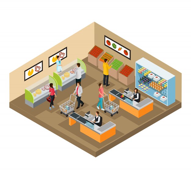 Concepto de tienda de comestibles isométrica