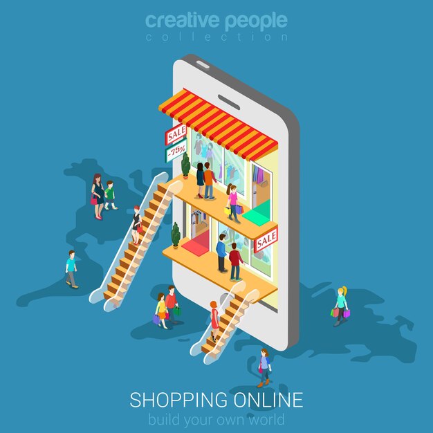 Concepto de tienda en línea de comercio electrónico de compras móviles. La gente camina en el centro comercial dentro de teléfono inteligente isométrica.