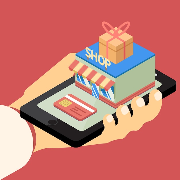 Concepto de tienda móvil. Ilustración de vector con mano sosteniendo teléfono móvil con edificio de tienda