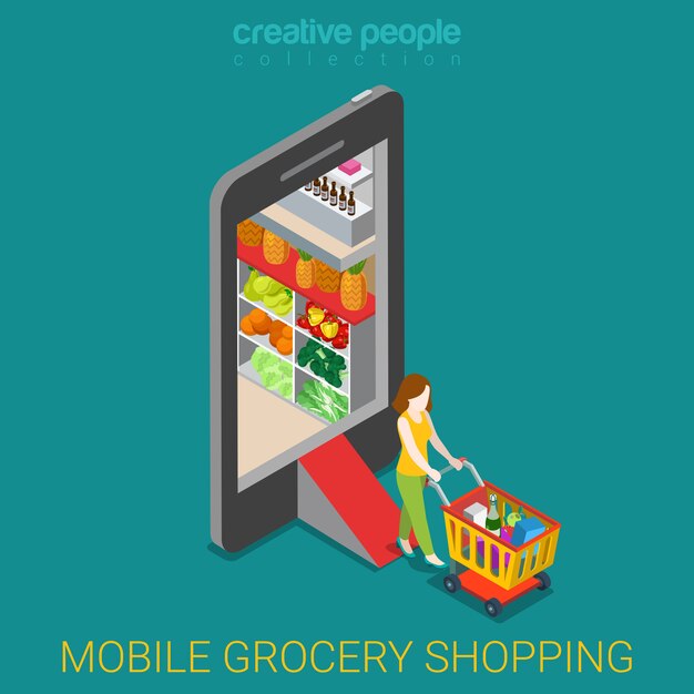 Concepto de tienda online de compras móviles. Mujer con carrito de compras deja tienda dentro de smartphone isométrica.