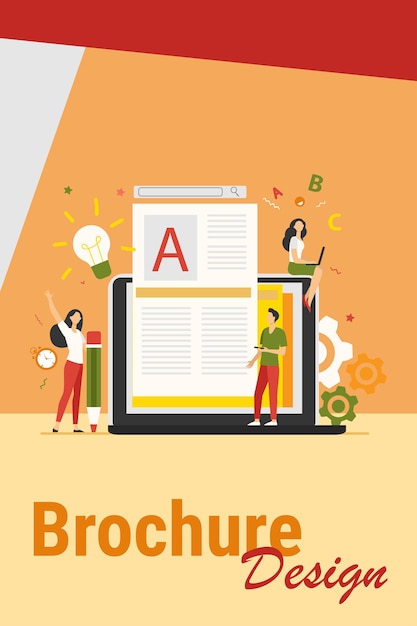 Concepto de trabajo de autor o escritor de contenido. Bloguero autónomo en una computadora portátil escribiendo artículos creativos, editando texto. Ilustración vectorial para blogs, marketing seo, temas de educación en línea