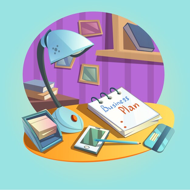 Concepto de trabajo empresarial con artículos de escritorio y oficina estilo de dibujos animados retro