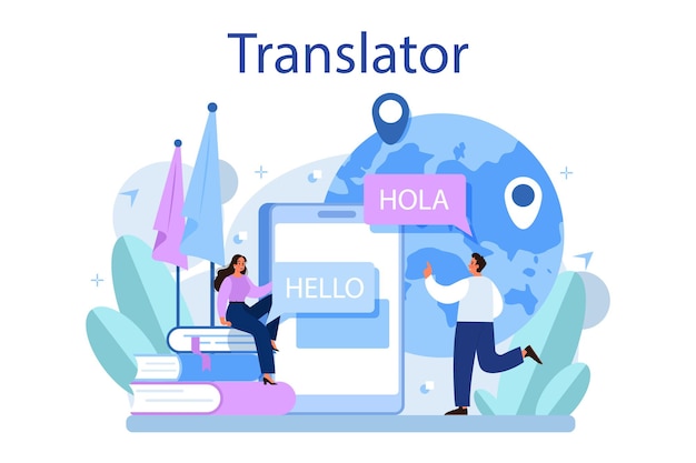 Concepto de traductor Lingüista que traduce libros de documentos y habla Traductor multilingüe que utiliza el servicio de traducción de diccionarios Ilustración vectorial aislada
