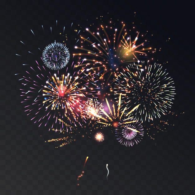 Concepto transparente realista de animación de fuegos artificiales con ilustración de símbolos de celebración