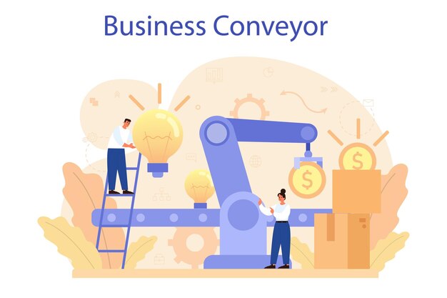 Concepto de transportador de negocios Idea de desarrollo y coordinación de negocios Optimización y racionalización de la planificación de proyectos de negocios Trabajo en equipo efectivo Ilustración de vector plano aislado
