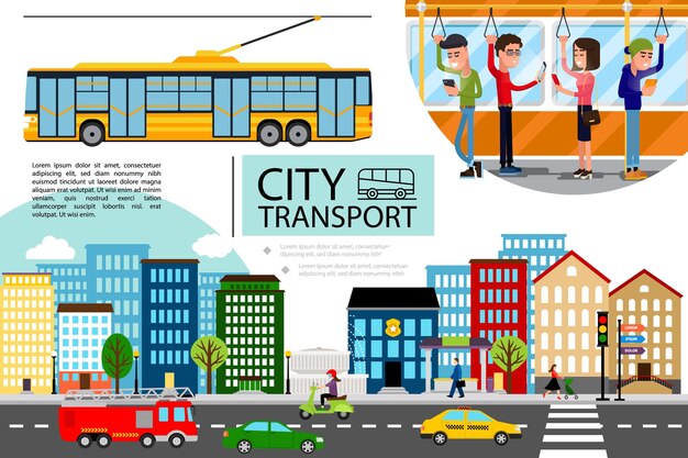 Concepto de transporte de la ciudad plana con camión de bomberos de moto de coches de paisaje urbano que se mueve en la carretera y pasajeros en trolebús
