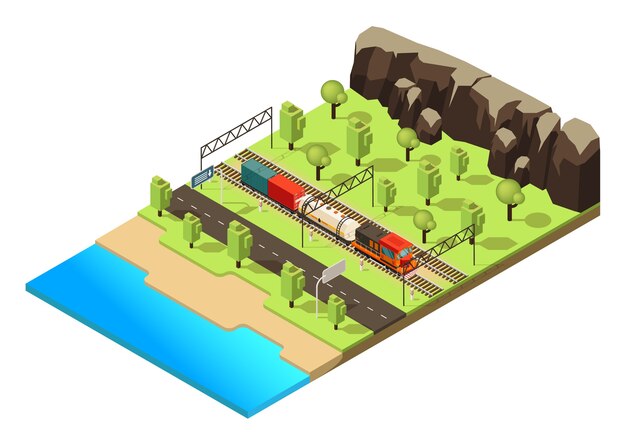 Concepto de transporte ferroviario isométrico con tren de carga o locomotora moviéndose a través del bosque aislado