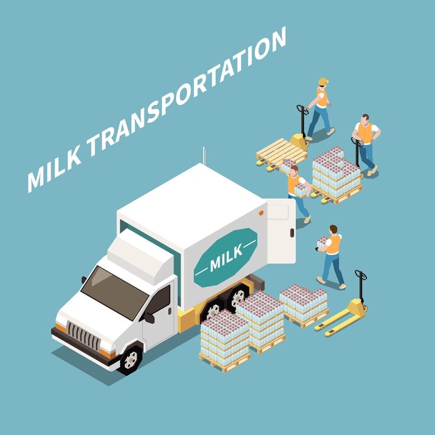 Concepto de transporte y logística de leche con símbolos de productos lácteos isométricos