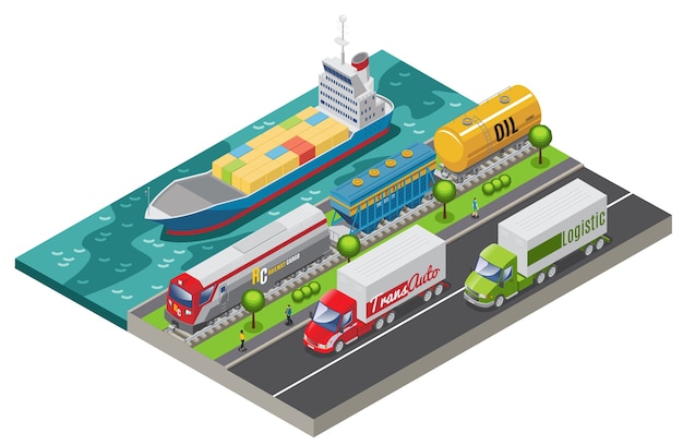 Concepto de transporte logístico isométrico con tren de carga de barco y camiones que transportan carga aislada
