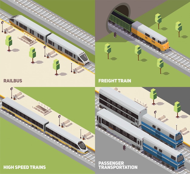 Concepto de transporte de pasajeros y carga de mercancías por ferrocarril y trenes de alta velocidad 4 iconos isométricos conjunto isométrico