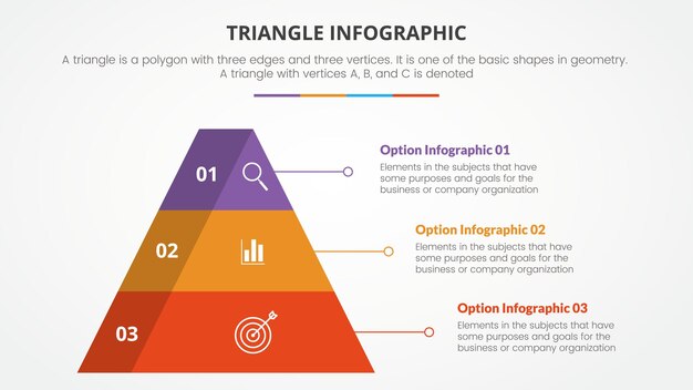 Concepto de triángulo infográfico para presentación de diapositivas con lista de 3 puntos con estilo de pirámide plana